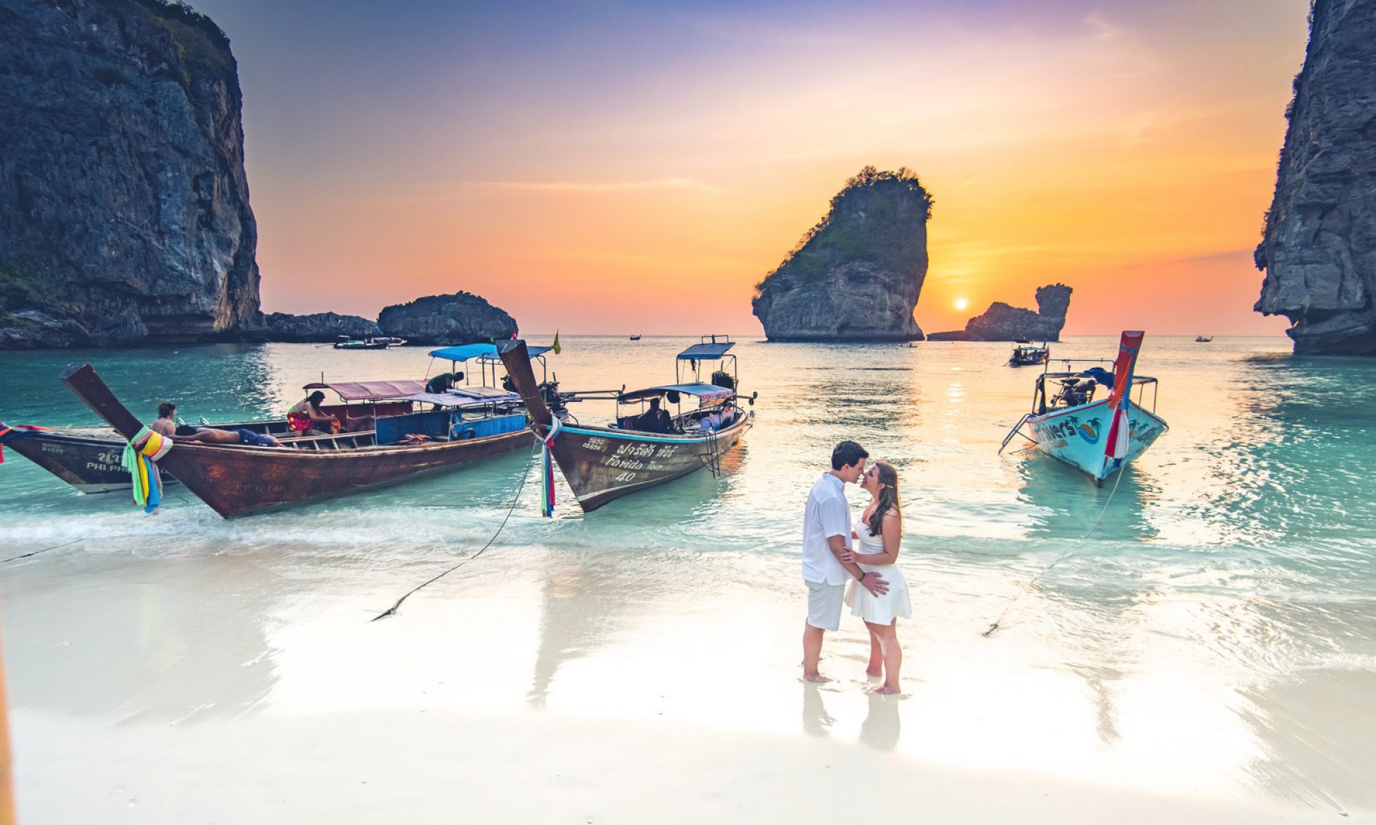 Honeymoon couple photoshoot during sunset at Nui  beach Phi Phi island Krabi